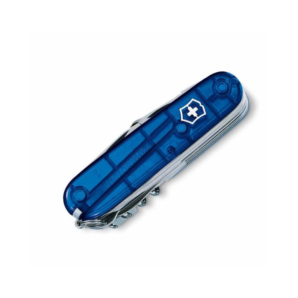 Gümüş aletler ve mavi arka plan üzerinde beyaz haç bulunan mavi bir Victorinox çakı.