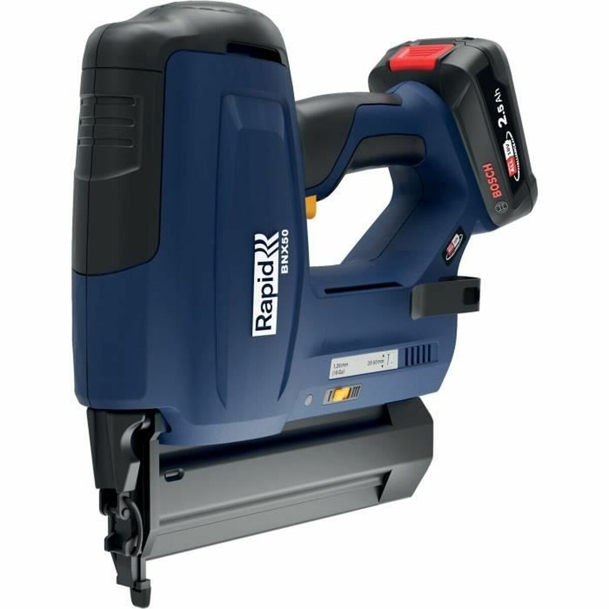 Una sparapunti cordless blu con grilletto giallo e manico nero.