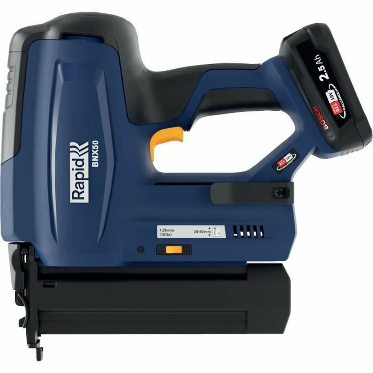 Pistola sparapunti Rapid BNX50 blu e nera con batteria Bosch. Mostra specifiche 1,26mm (18 Ga) e 20-50mm.
