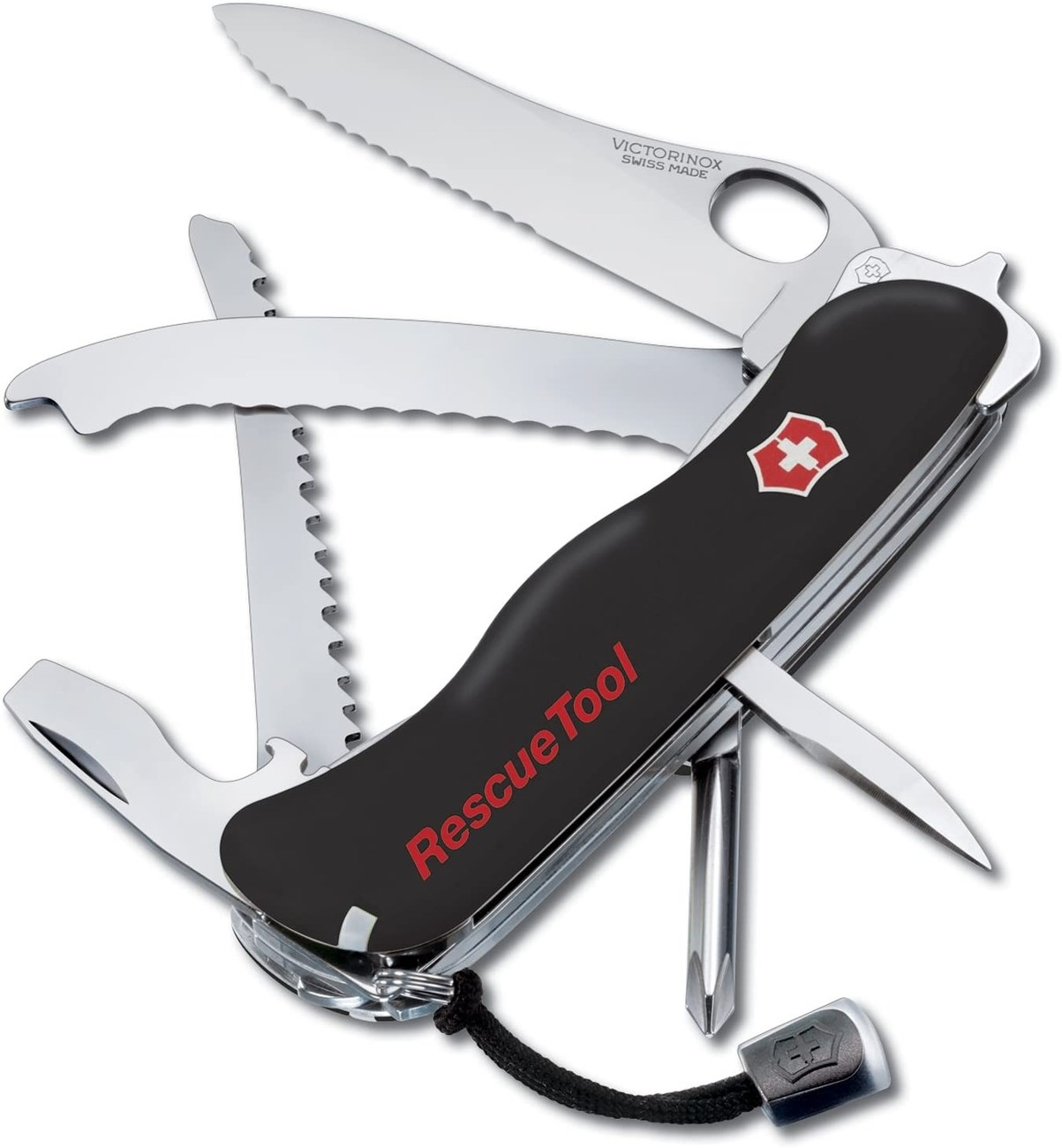 Açık bıçaklı, testereli ve tornavidali siyah Victorinox Rescue Tool çok amaçlı alet.