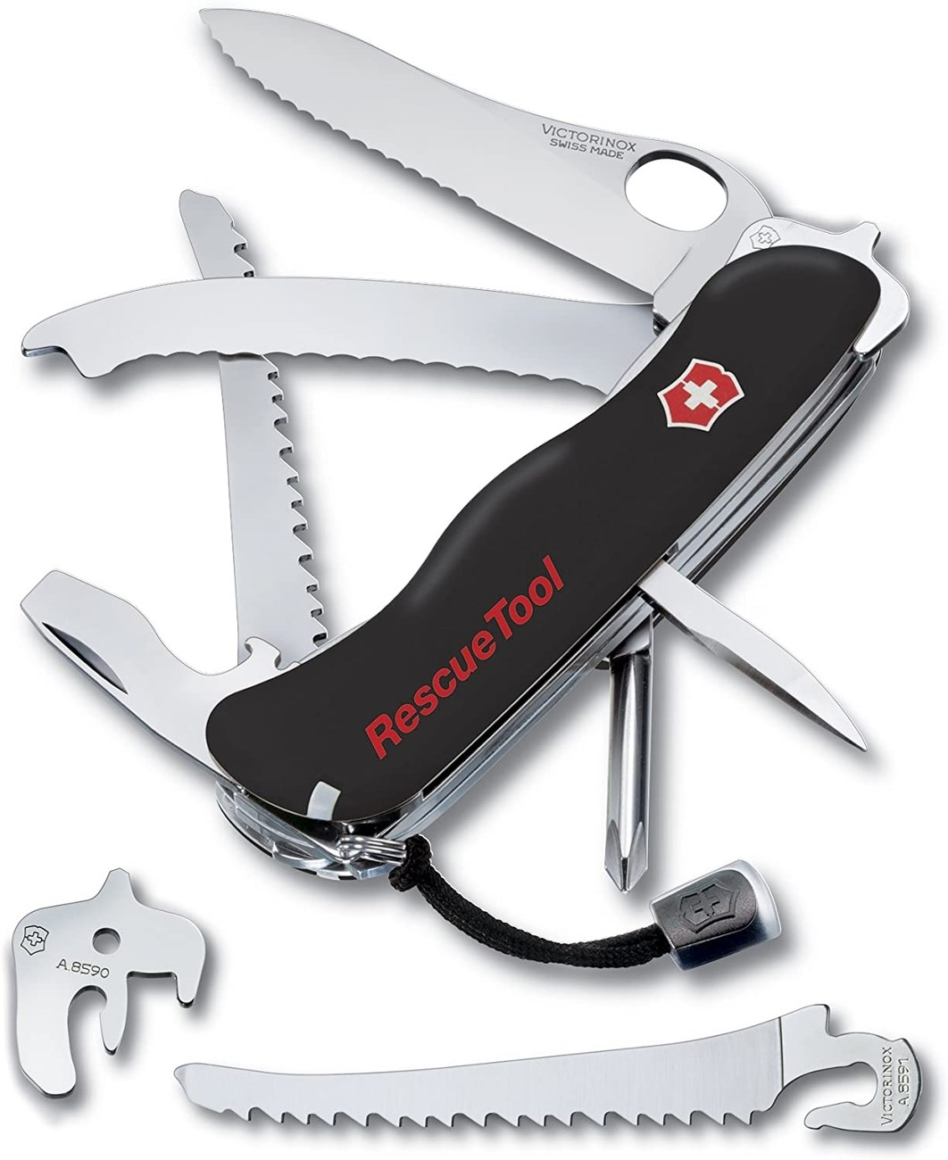 Siyah bir Victorinox Rescue Tool, testereler ve tornavidalar gibi açılmış aletlere sahip.