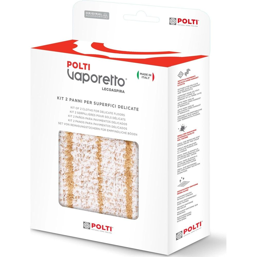 Confezione panni per pavimenti Polti Vaporetto con testo e motivi.