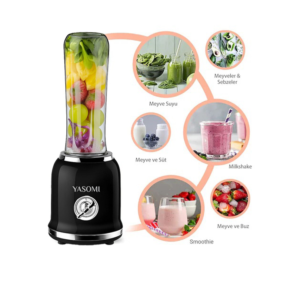 Meyveyle dolu siyah YASOMI blender, yanında smoothie resimleri.