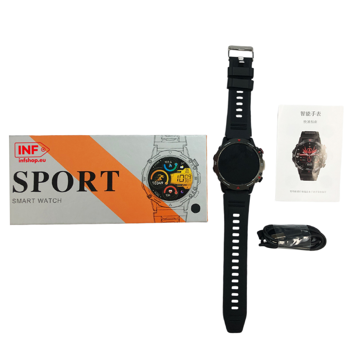 Czarny sportowy smartwatch z kablem ładującym i instrukcją obok opakowania.