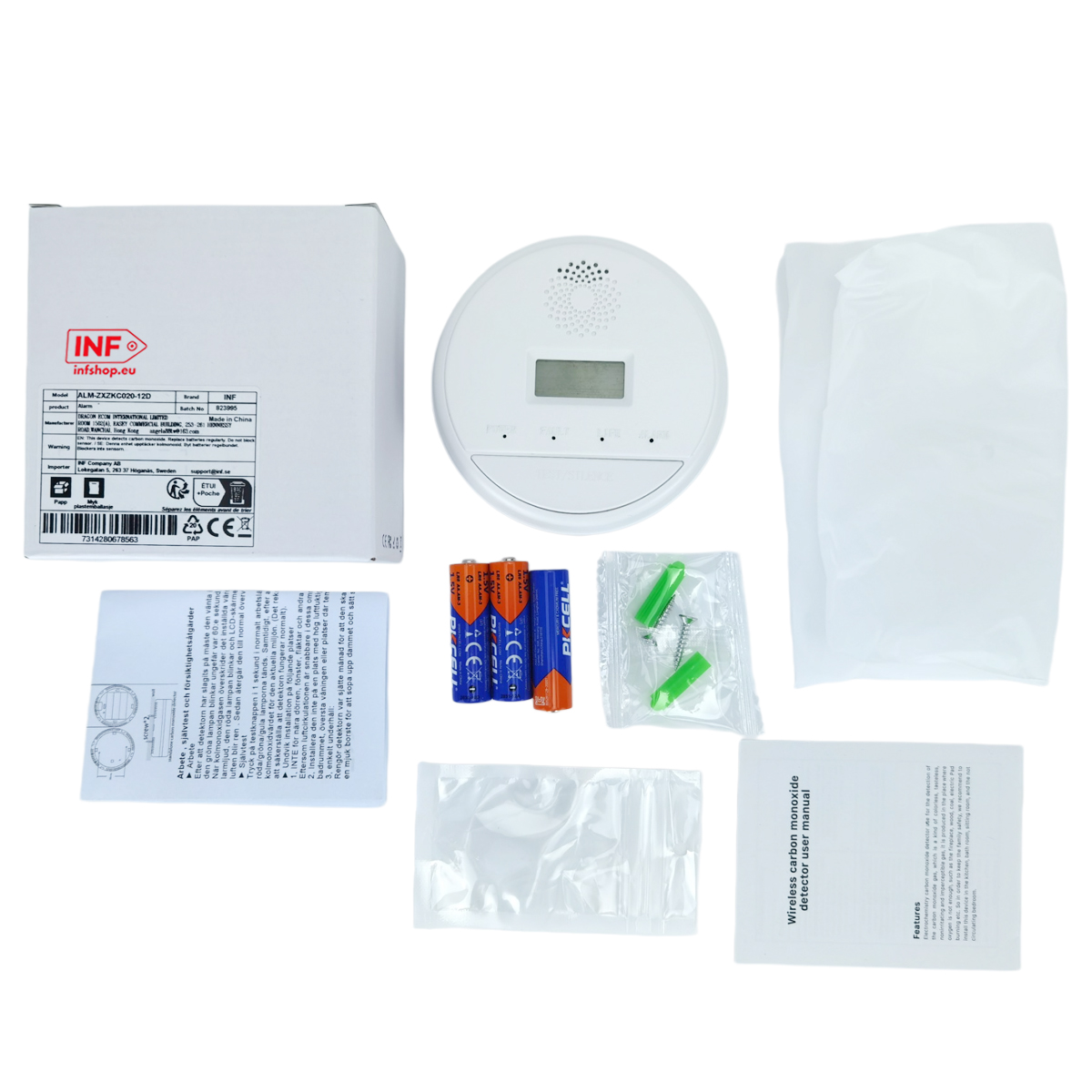 Wszystkie elementy bezprzewodowego czujnika tlenku węgla: pudełko, czujnik, baterie, kołki, osłona, instrukcja.