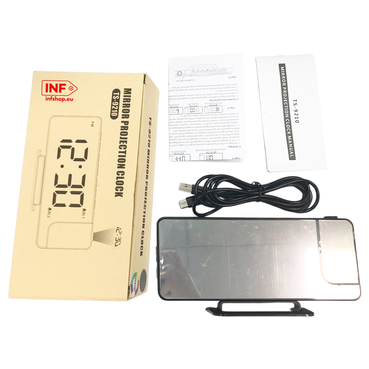 Zegar projekcyjny lustrzany z akcesoriami, kablem USB i instrukcją.