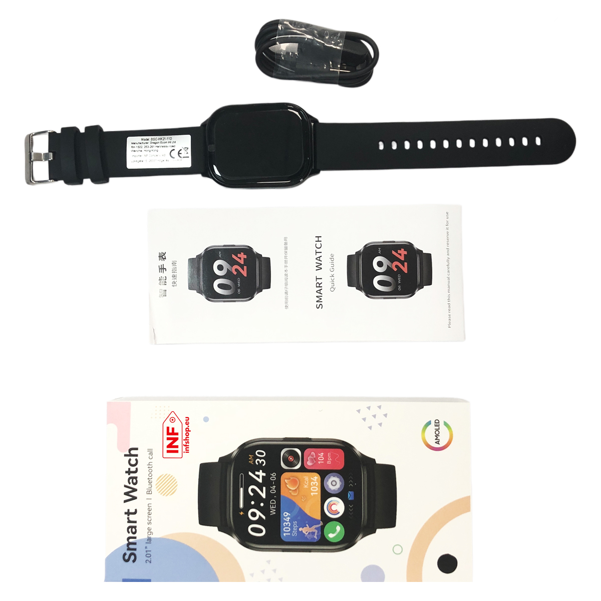 Black smartwatch with charging cable and manual on a white background.