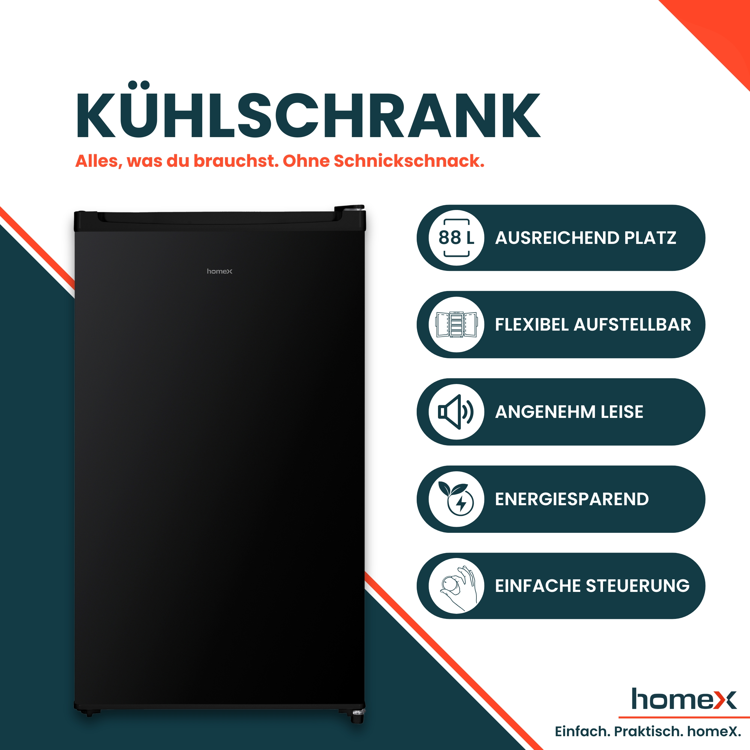 Ein schwarzer Kühlschrank mit aufgedruckten Merkmalen: 88L, flexibel, leise, energiesparend.