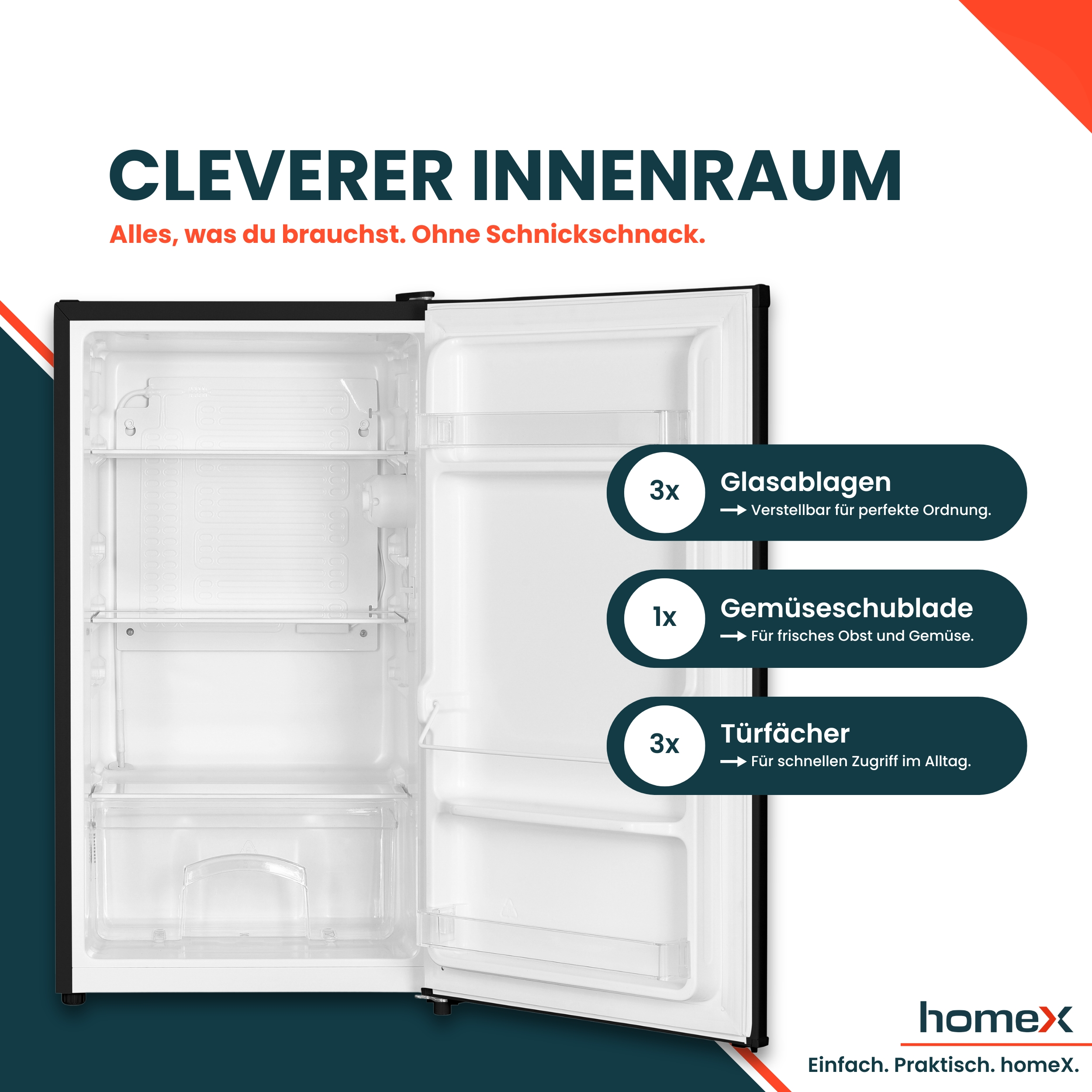 Ein offener Kühlschrank mit Glasablagen, Gemüseschublade und Türfächern.