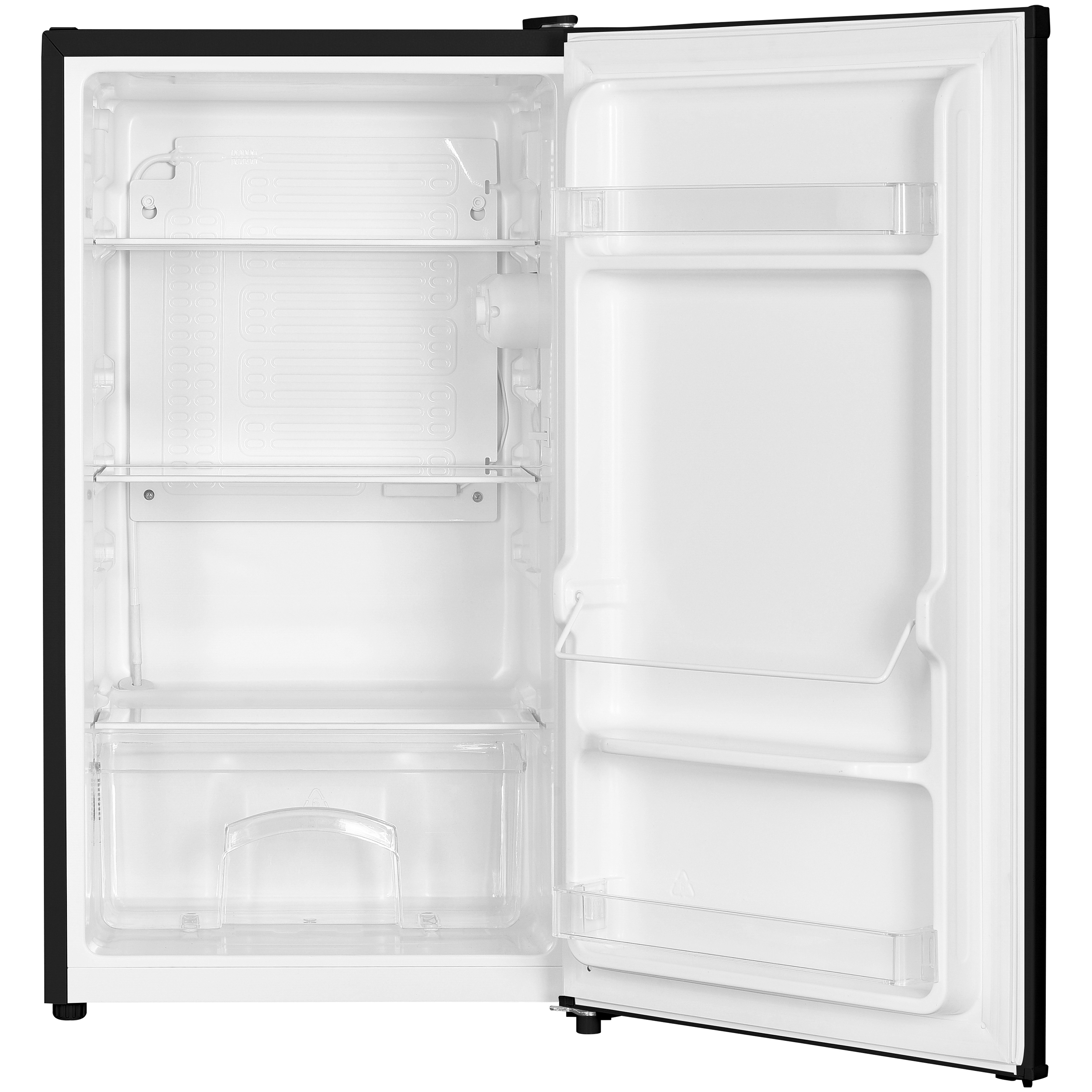 Ein leerer, offener Kühlschrank mit weißen Wänden, Glasböden und Türfächern.