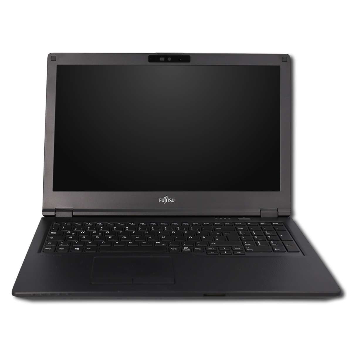 Schwarzer Fujitsu Laptop mit Tastatur und Touchpad, Blick von vorne.