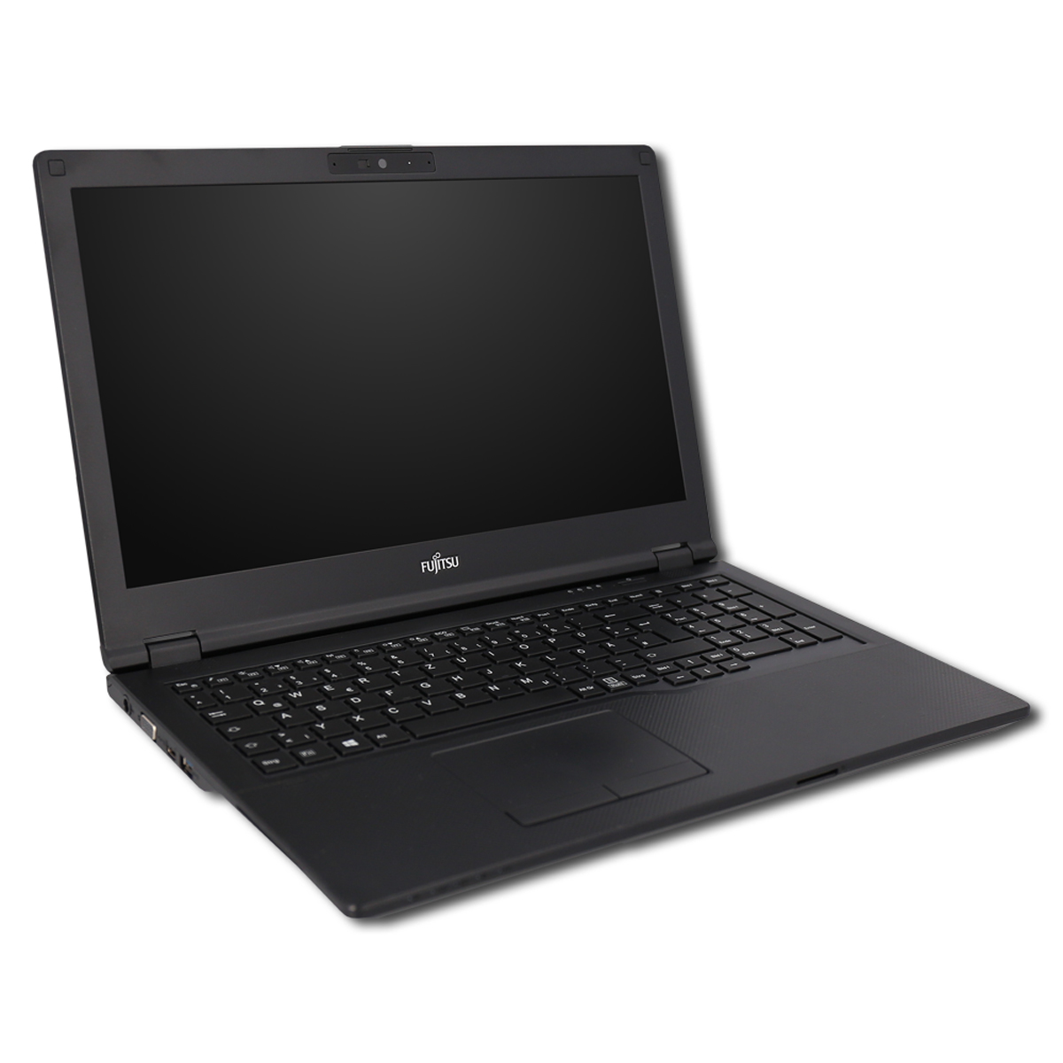 Ein schwarzer Fujitsu Laptop, geöffnet mit Blick auf die Tastatur und den Bildschirm.