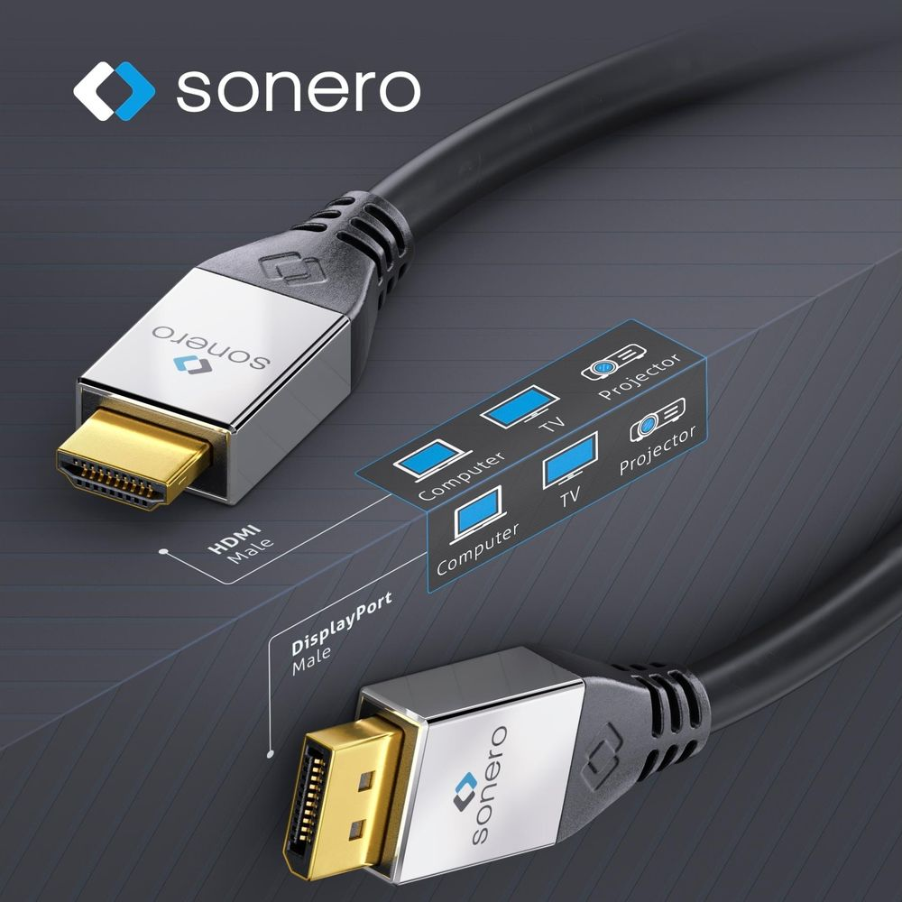 Câble Sonero avec connecteurs mâles DisplayPort et HDMI pour ordinateur, TV, projecteur.