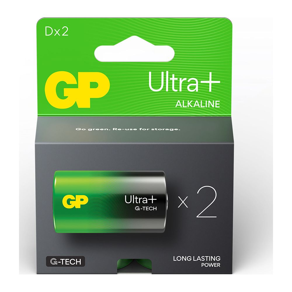 Confezione da 2 batterie alcaline GP Ultra+, verdi e grigie.
