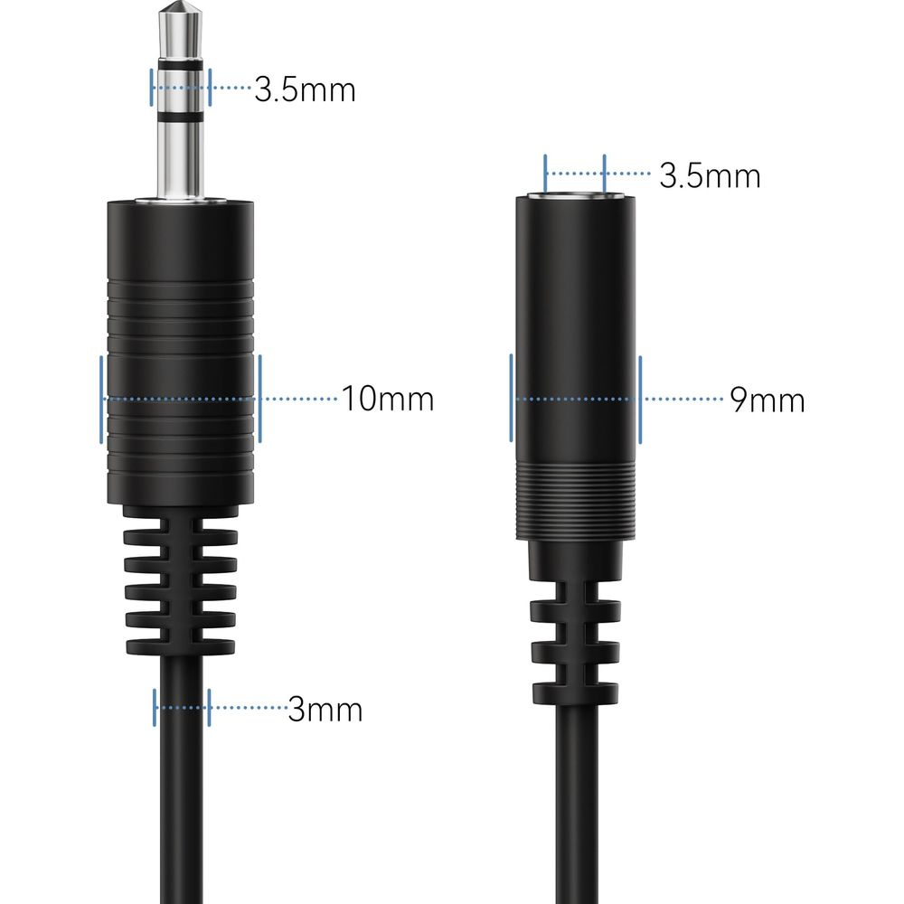 3,5-mm-Stecker & -Buchse. Angezeigte Maße: 3,5 mm, 10 mm, 9 mm, 3 mm.