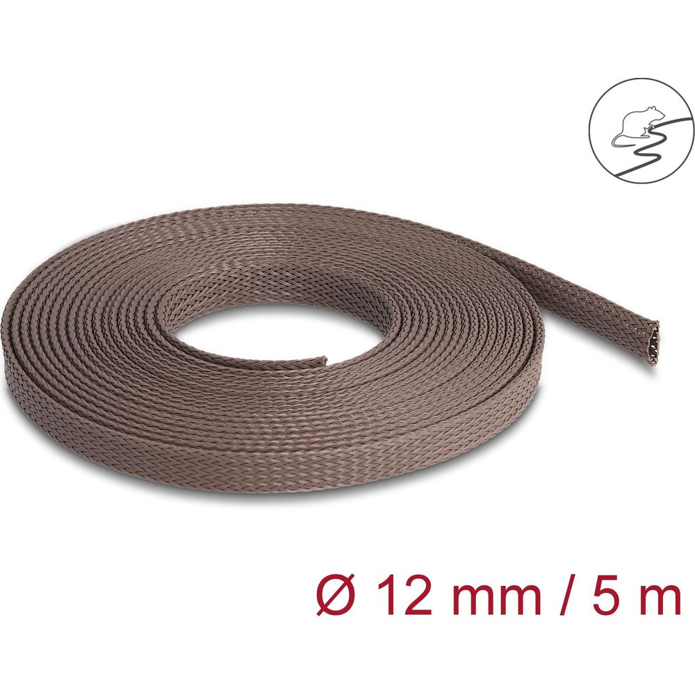 Braunes, geflochtenes Schutzrohr aufgerollt, 12 mm/5 m, mit Nagetiersymbol.