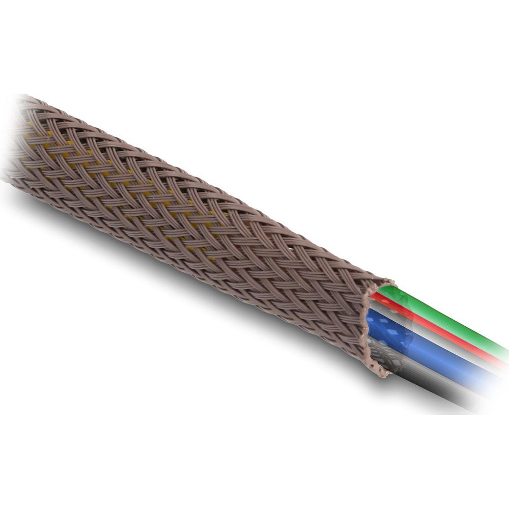Ein geflochtener grauer Kabelschutz mit gelber Innenseite, der bunte Kabel freigibt.
