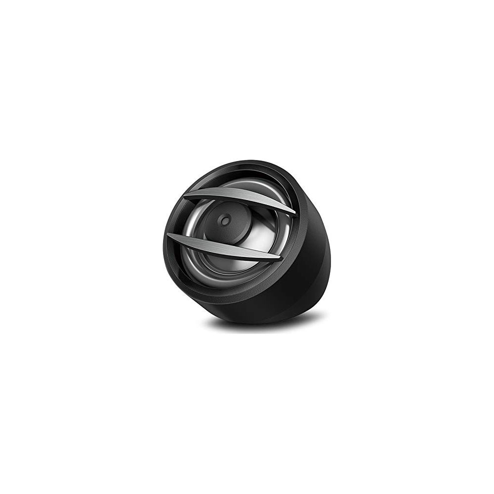 Haut-parleur noir avec ailettes argentées et un haut-parleur central circulaire.