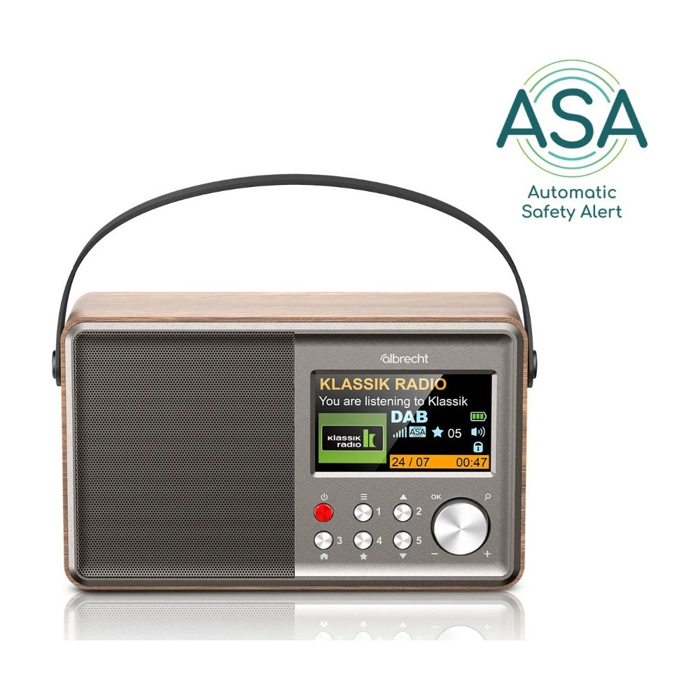 Radio in legno con display DAB, mostra Klassik Radio e logo ASA.