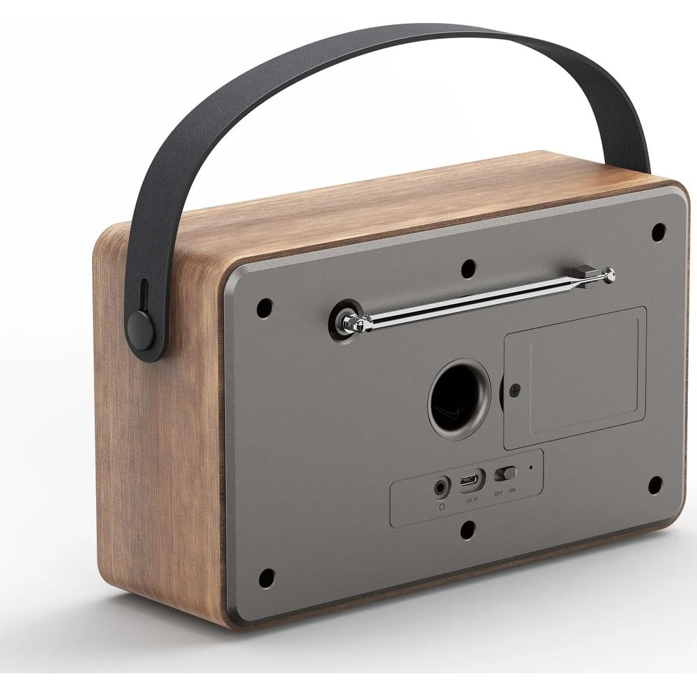 Radio in legno con antenna estensibile e maniglia nera sul retro.