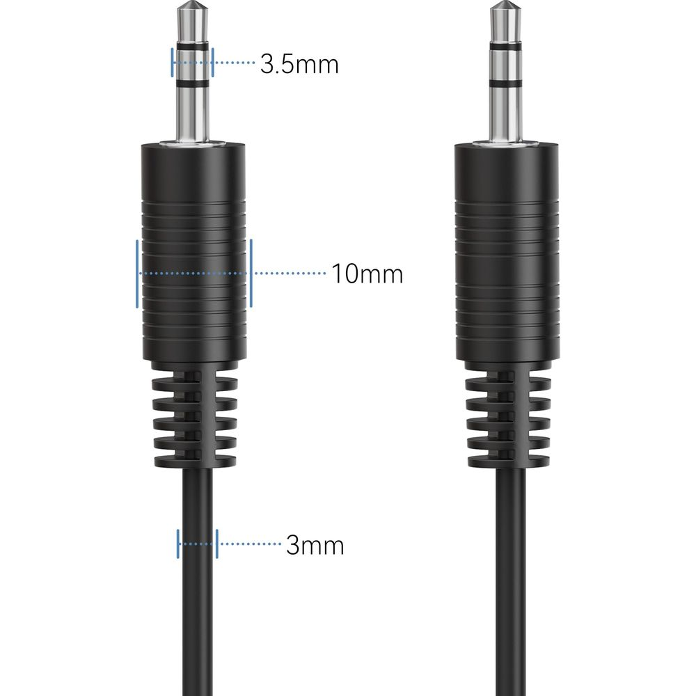 Zwei schwarze 3,5-mm-Audiostecker mit Maßangaben. Links ist ein Stecker mit Maßen.
