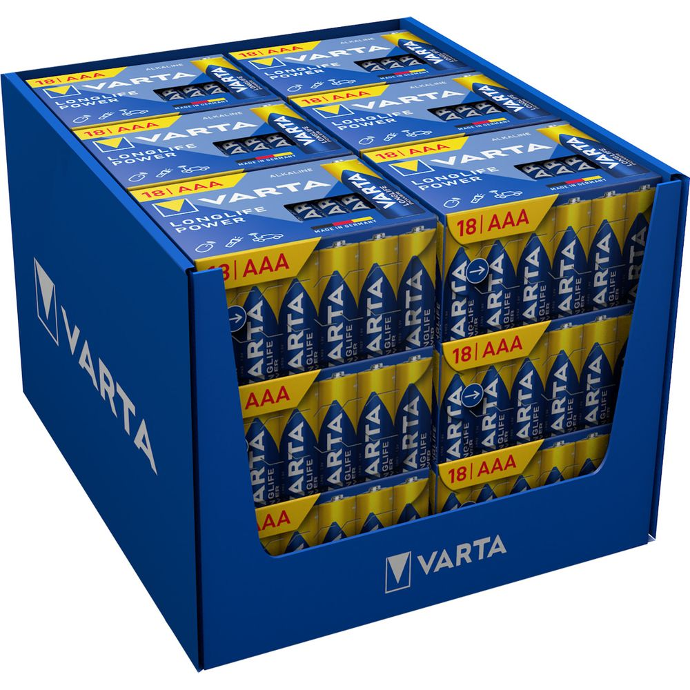 Pile AAA Varta in un espositore di cartone blu, pile gialle con testo nero.