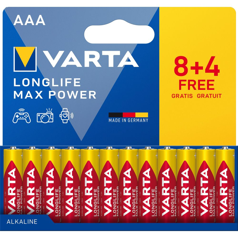 Pile Varta AAA con offerta 8+4 gratis. Made in Germany.