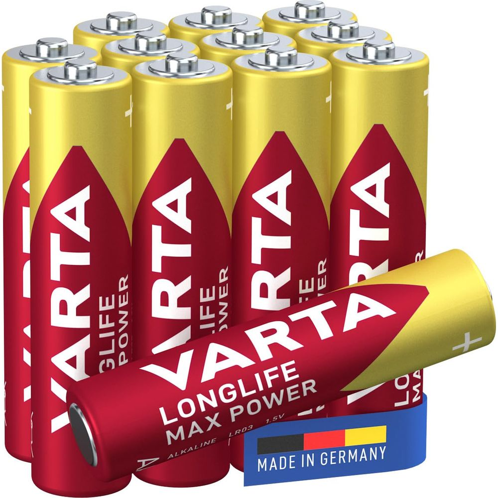 Dieci batterie Varta, una davanti. Gialle con logo rosso, Made in Germany.