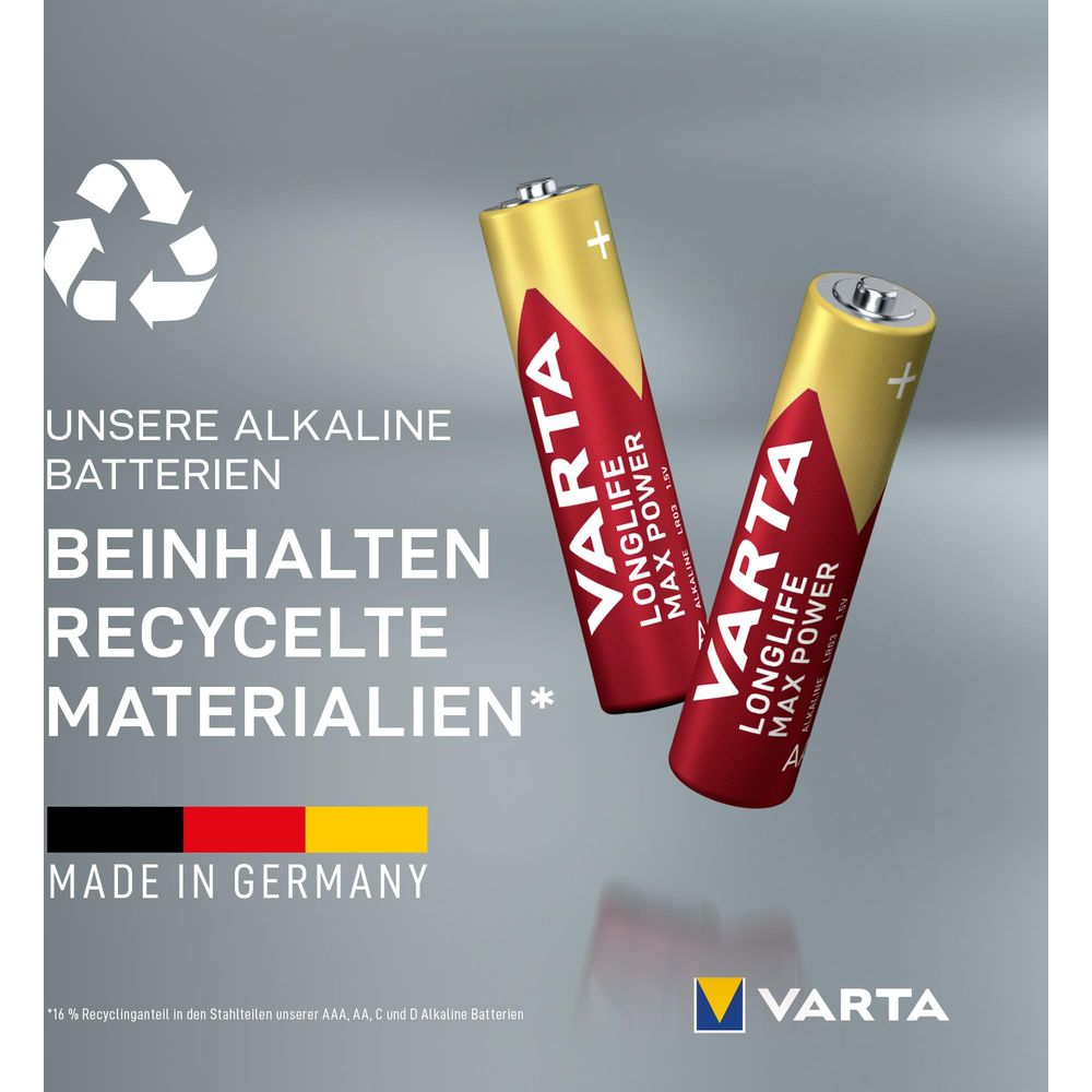 Due pile alcaline Varta con testo "Longlife Max Power". Simbolo di riciclo a sinistra.
