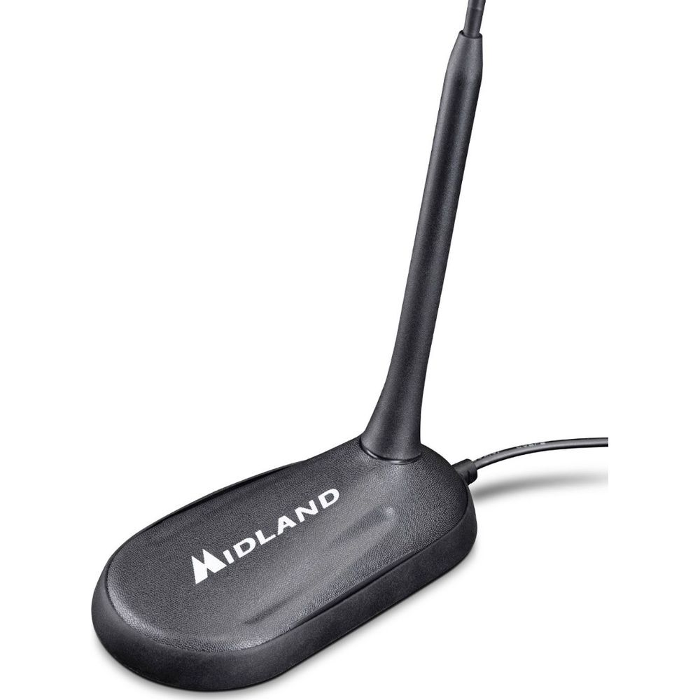 Schwarze Antenne mit dem Logo von Midland, auf weißem Hintergrund.