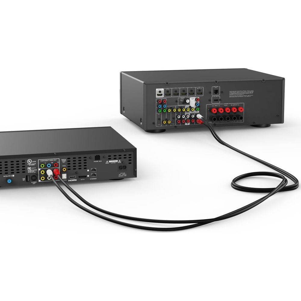 Deux appareils audio noirs connectés par des câbles, vue arrière.