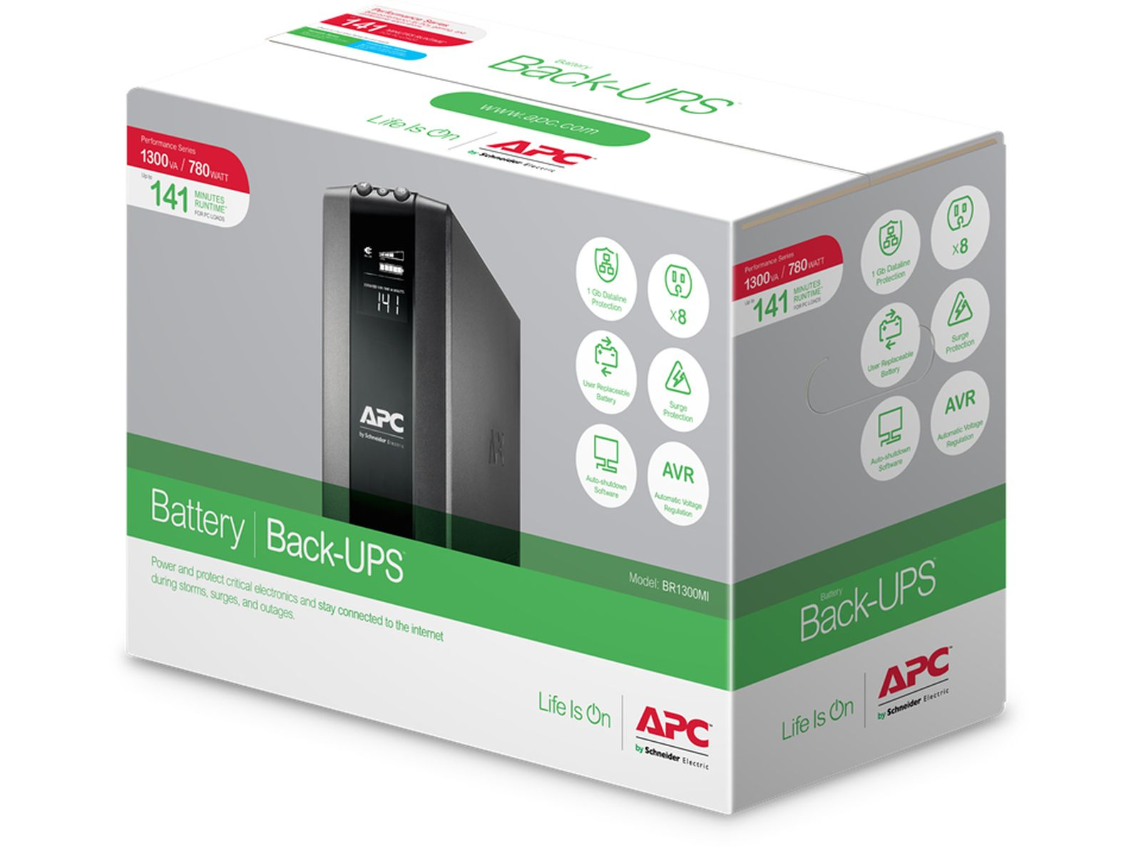 Verpackung eines APC Battery Back-UPS mit einem schwarzen Gerät und technischen Spezifikationen.
