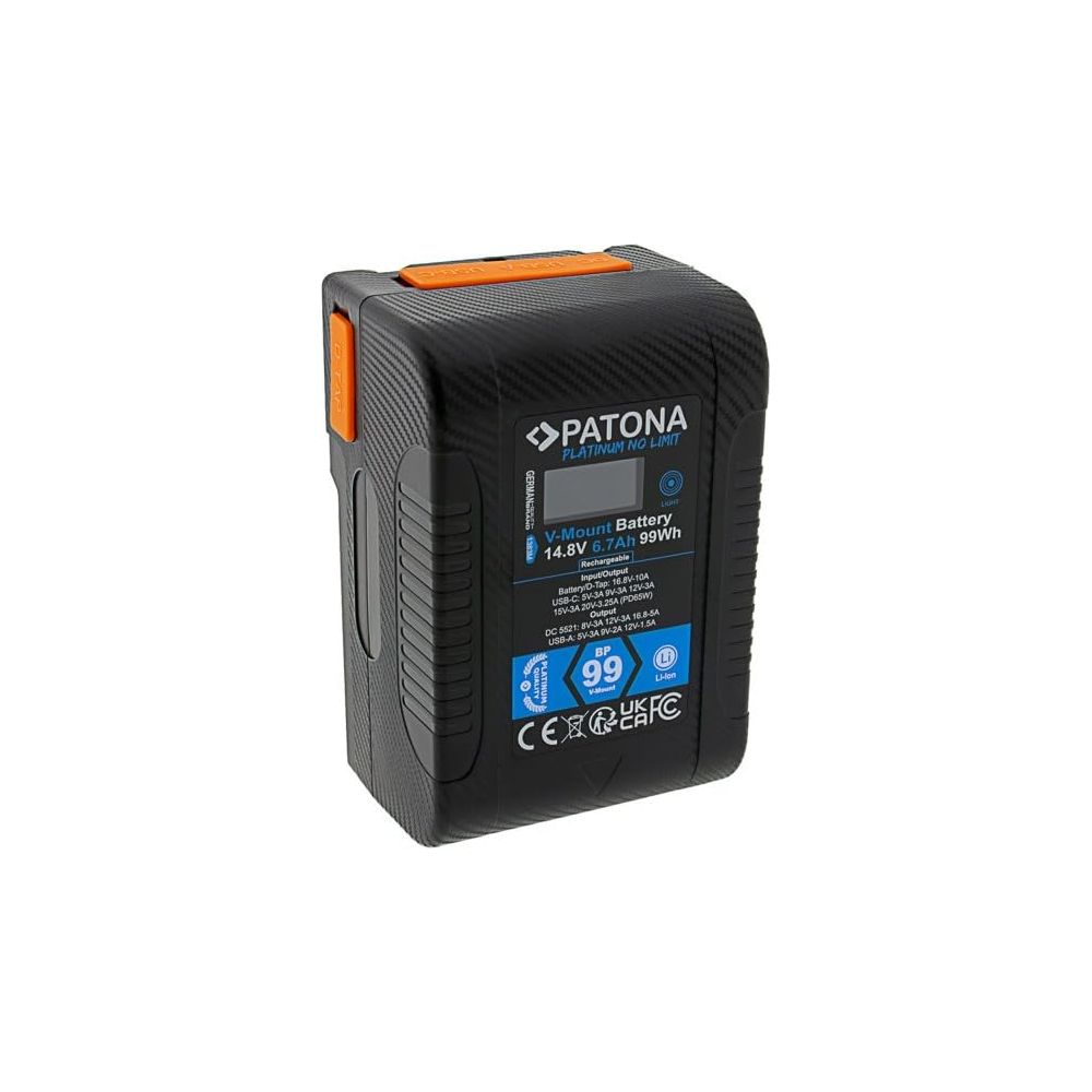 Batteria V-Mount nera con accenti arancioni. Dettagli sulla potenza in uscita.