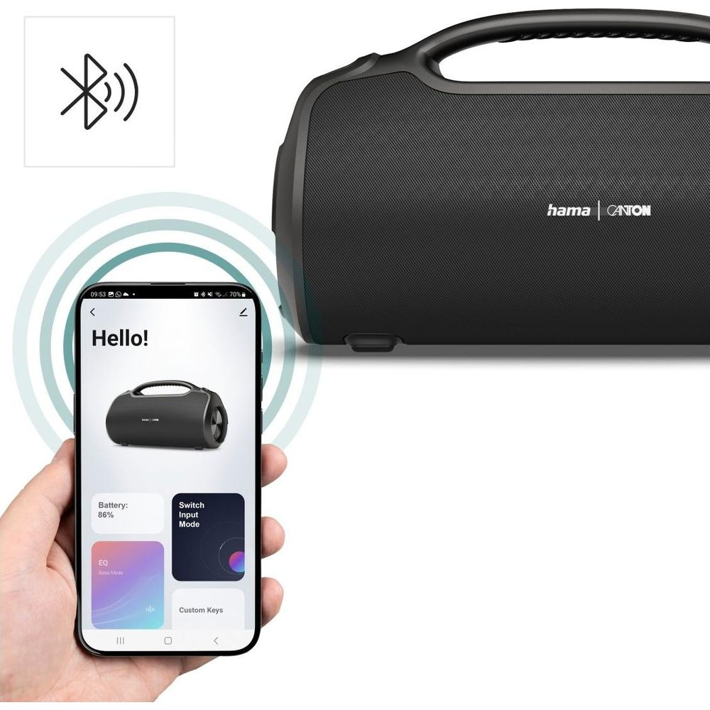 Altoparlante nero con controllo app su smartphone, icona Bluetooth.