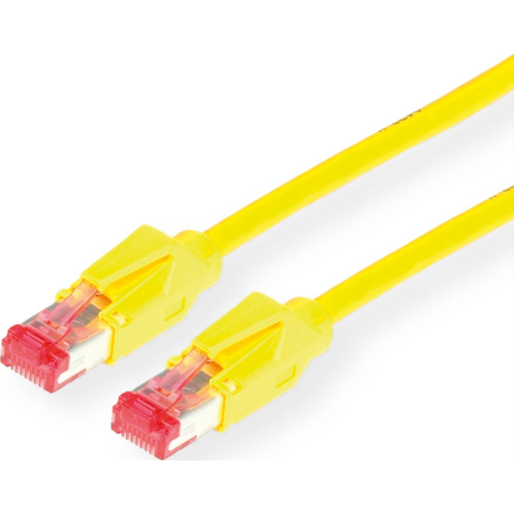 Un câble Ethernet jaune avec deux connecteurs RJ45 à clips rouges.
