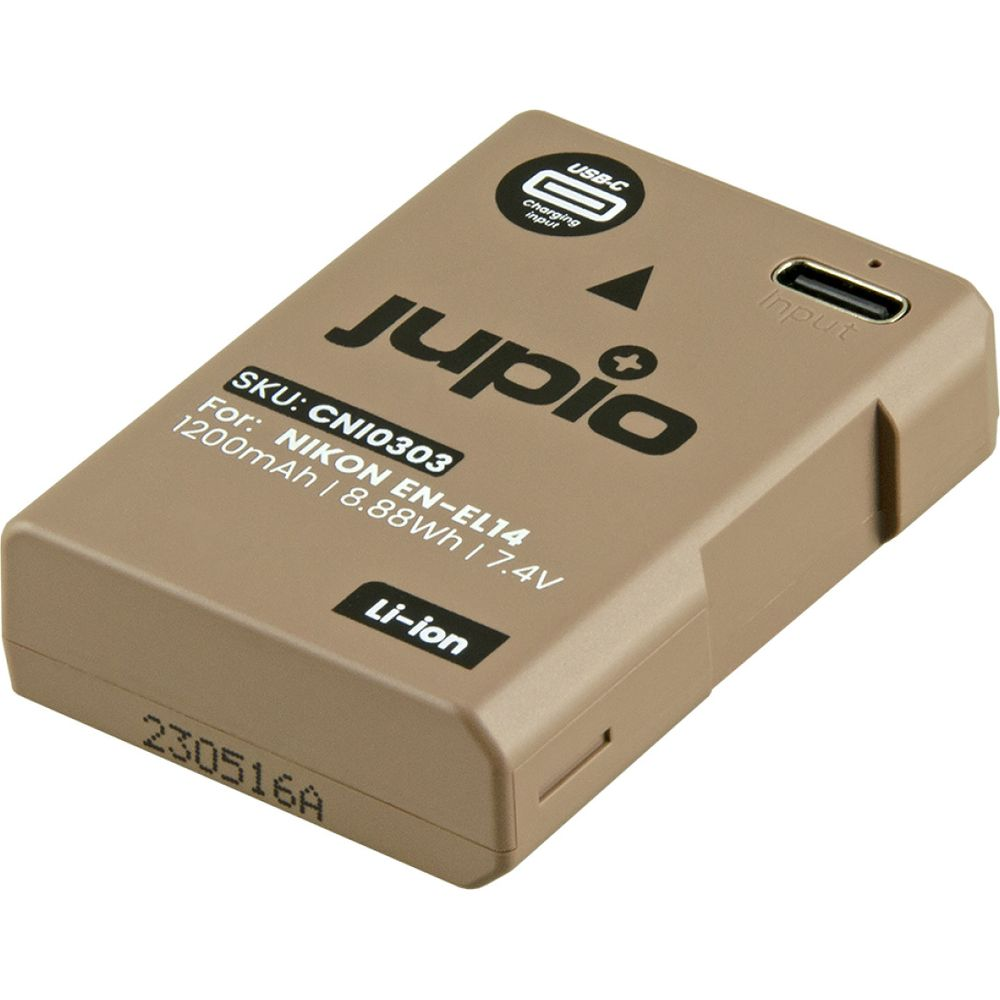 Una batteria Jupio color cuoio con ingresso di ricarica USB-C, 1200mAh, per Nikon.
