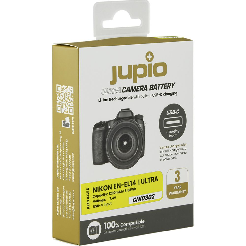 Confezione batteria Jupio Ultra per fotocamera con ricarica USB-C.