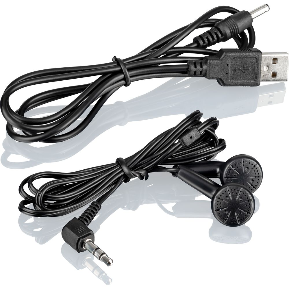 Câble USB noir avec deux connecteurs et écouteurs avec prise jack 3,5 mm.