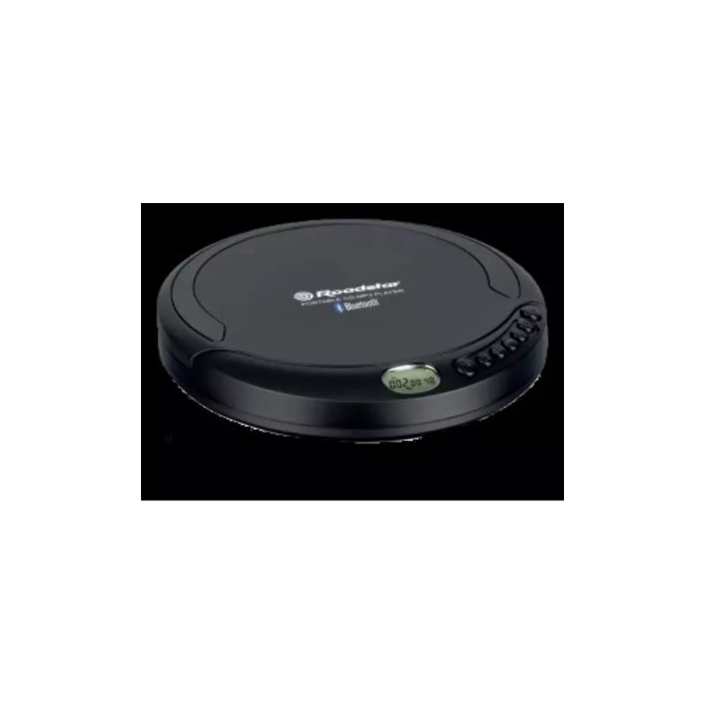 Lecteur CD portable noir avec écran LCD et boutons de commande.