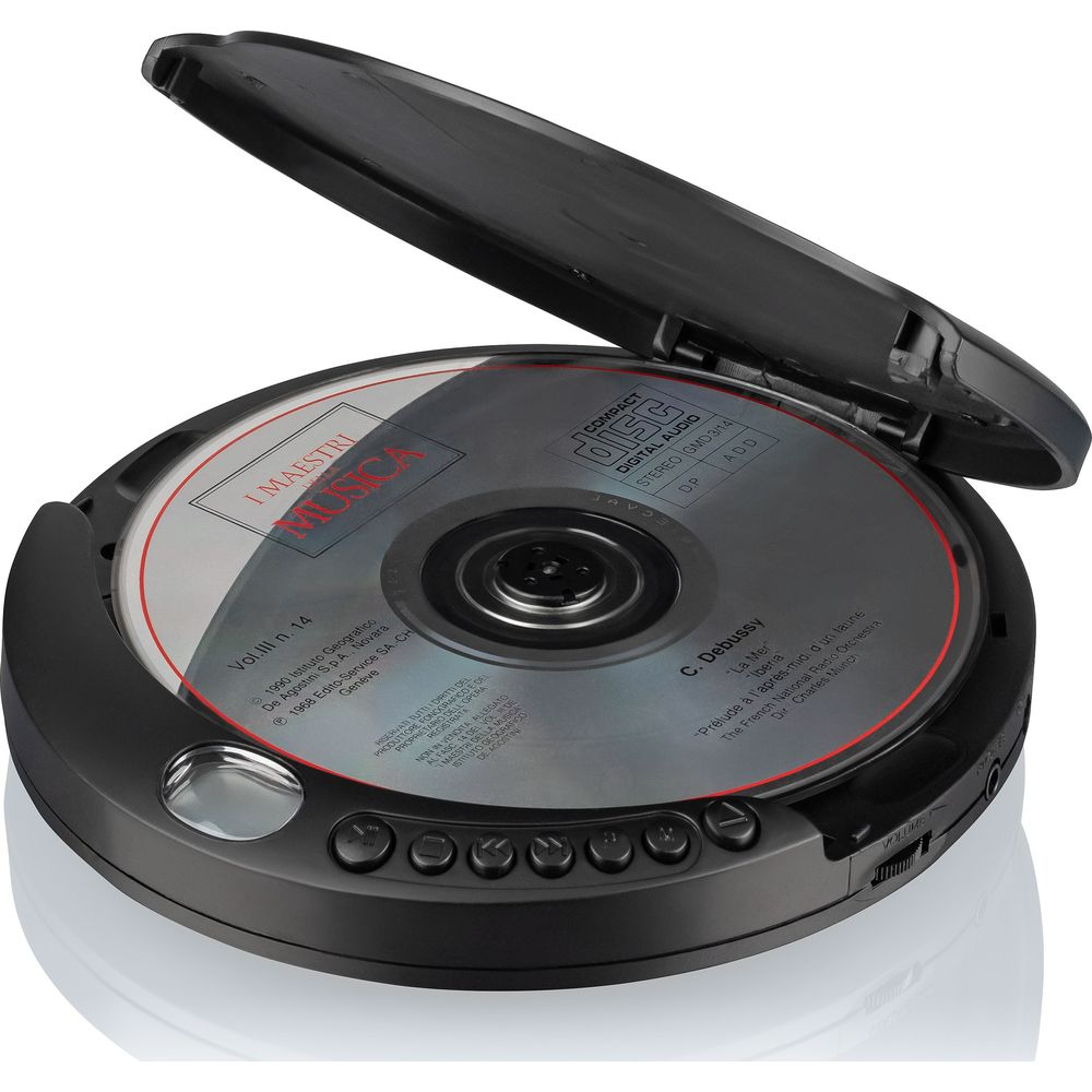 Un lecteur CD portable noir avec son couvercle ouvert, montrant un CD de musique classique.