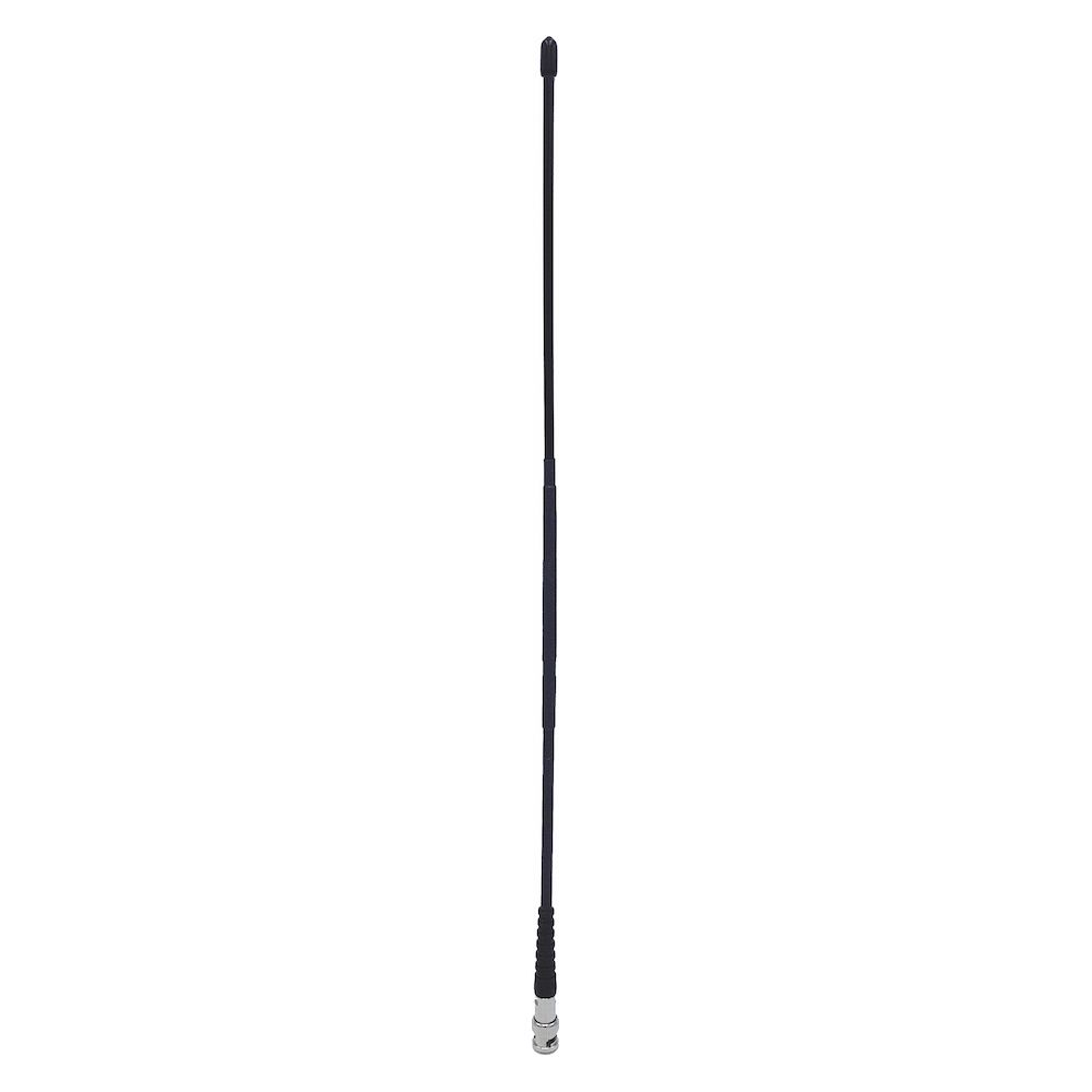Une antenne noire avec un connecteur argenté en bas sur fond blanc.