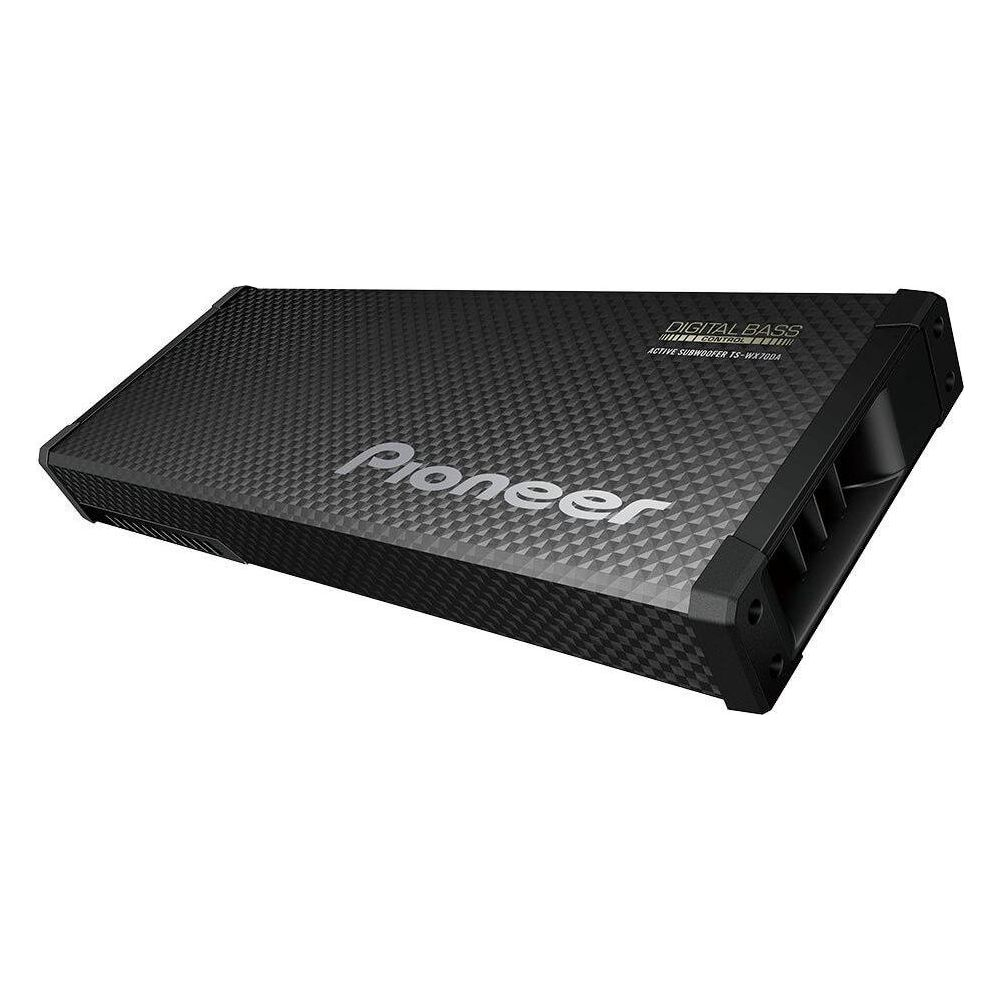 Subwoofer Pioneer noir avec motif losange et logo argenté.