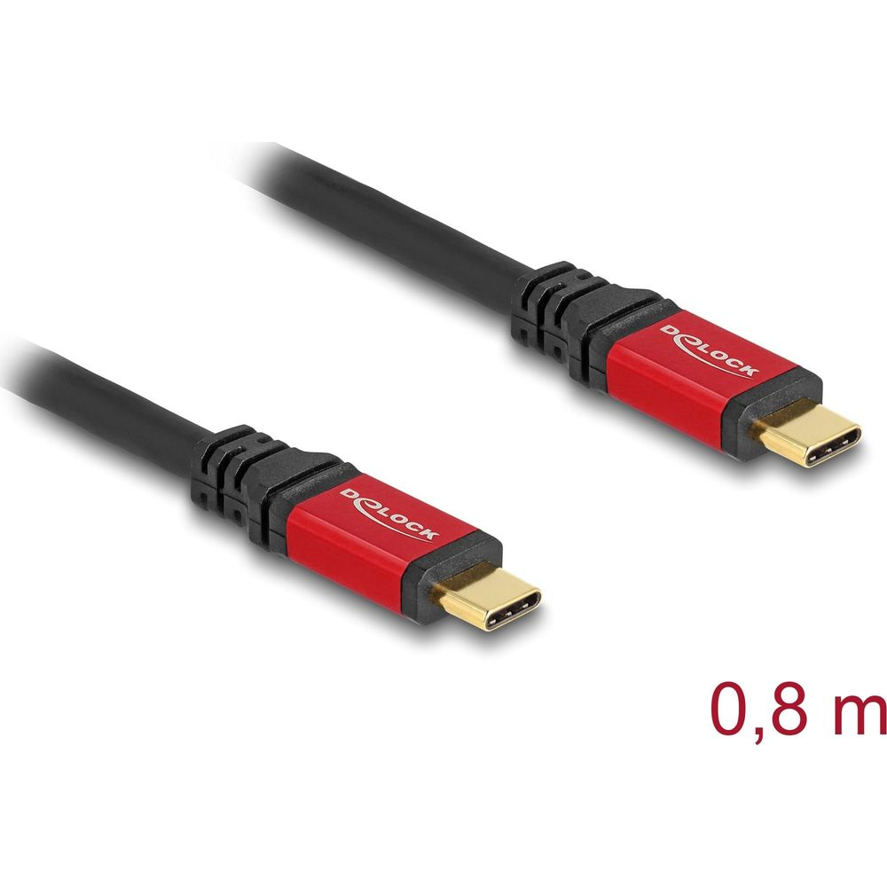 Ein schwarzes Kabel mit zwei roten USB-C-Anschlüssen, 0,8 m.