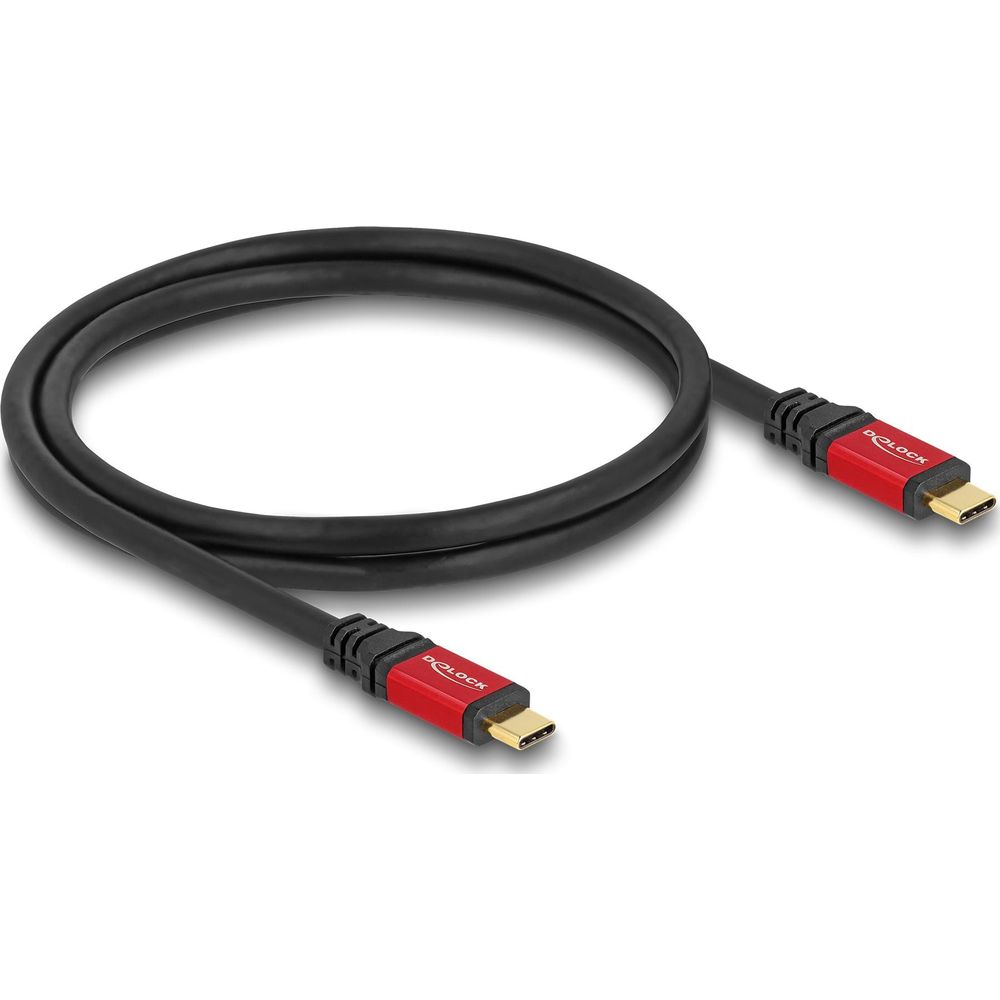 Ein schwarzes USB-C-Kabel mit roten Anschlüssen und goldenen Kontakten.