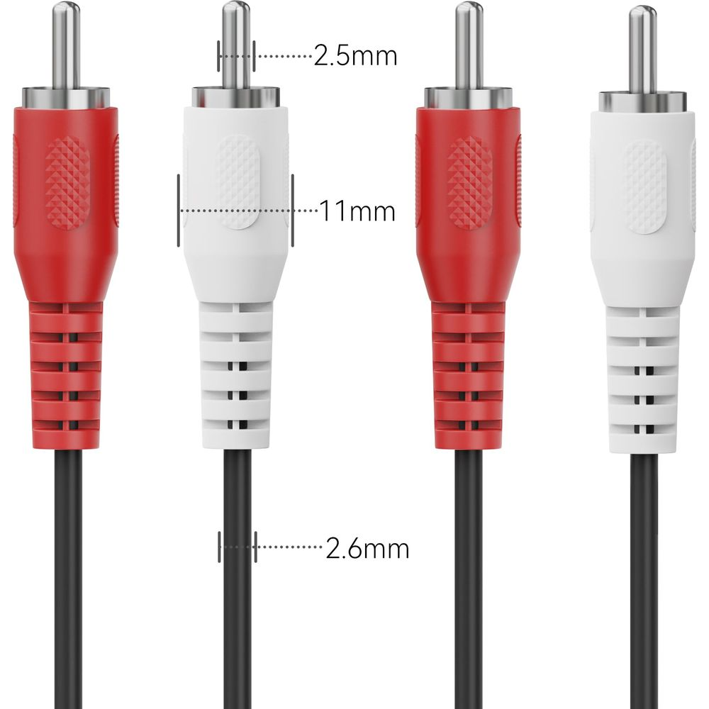 Quatre connecteurs RCA : rouge, blanc, rouge, blanc. Dimensions indiquées.