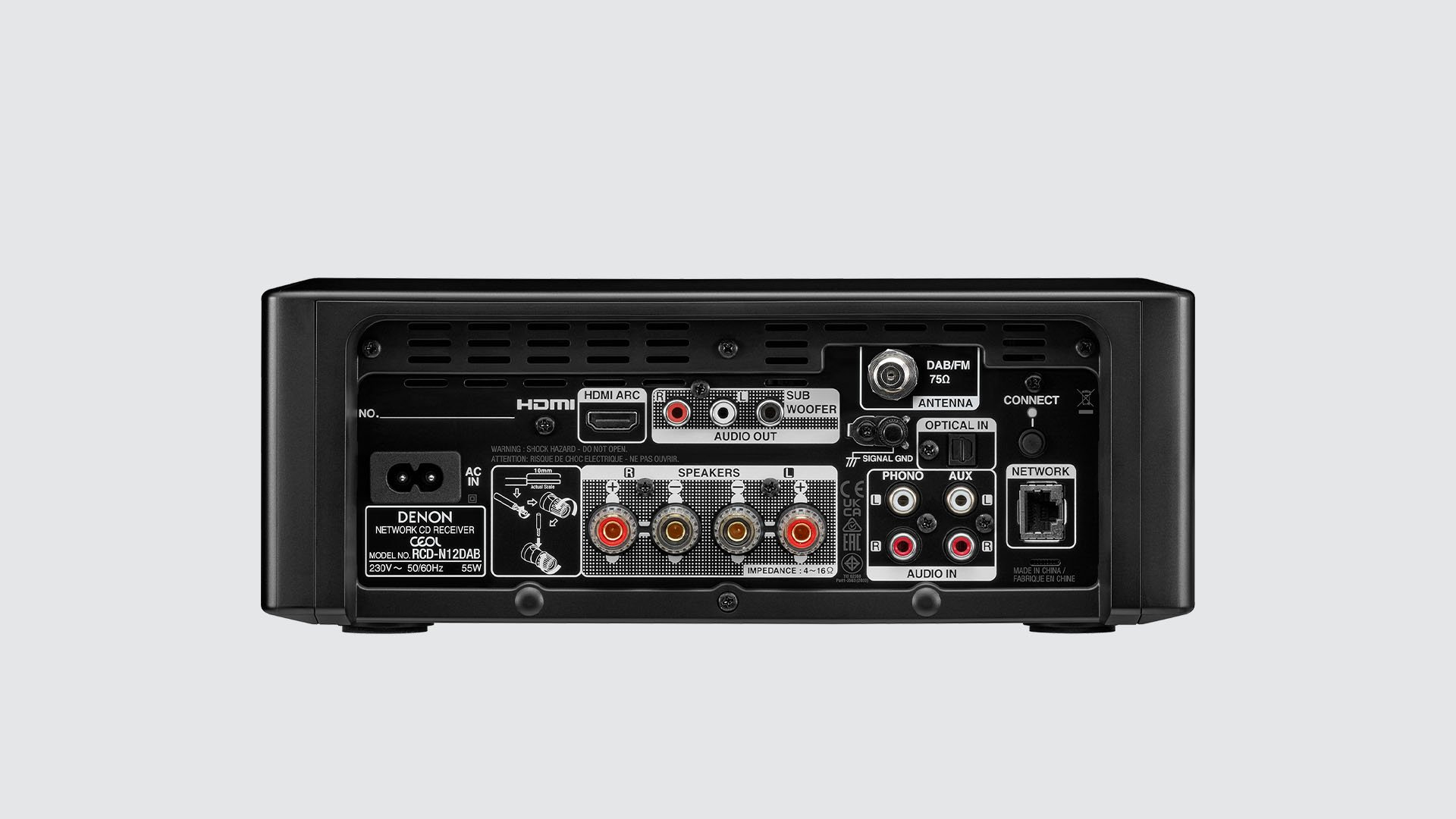 Rückseite eines Denon Receivers mit Anschlüssen: HDMI, USB, Antenne, Netzwerk, Audio.