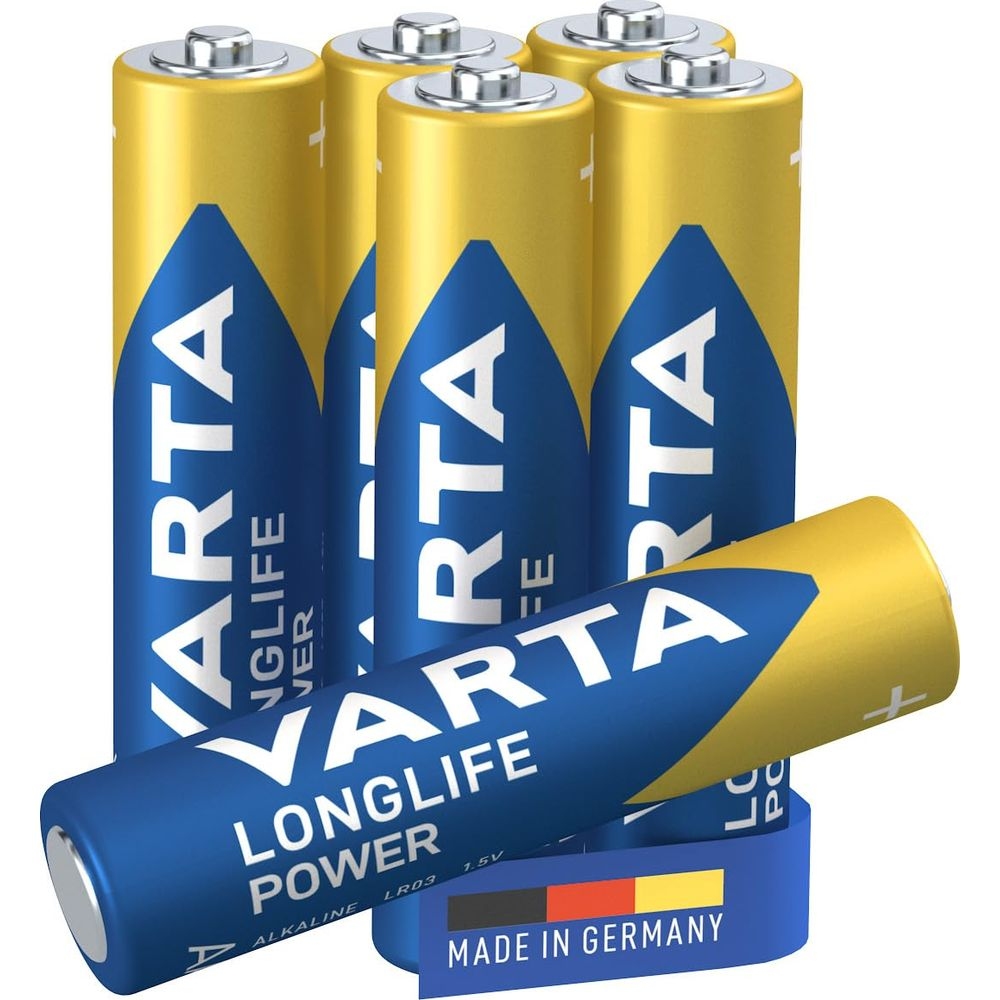 Batterie Varta Longlife Power, AAA, su sfondo bianco, Made in Germany.