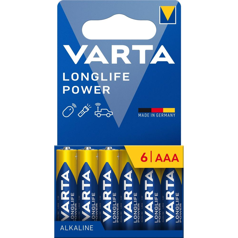 Batterie Varta AAA, confezione da 6, gialle e blu.