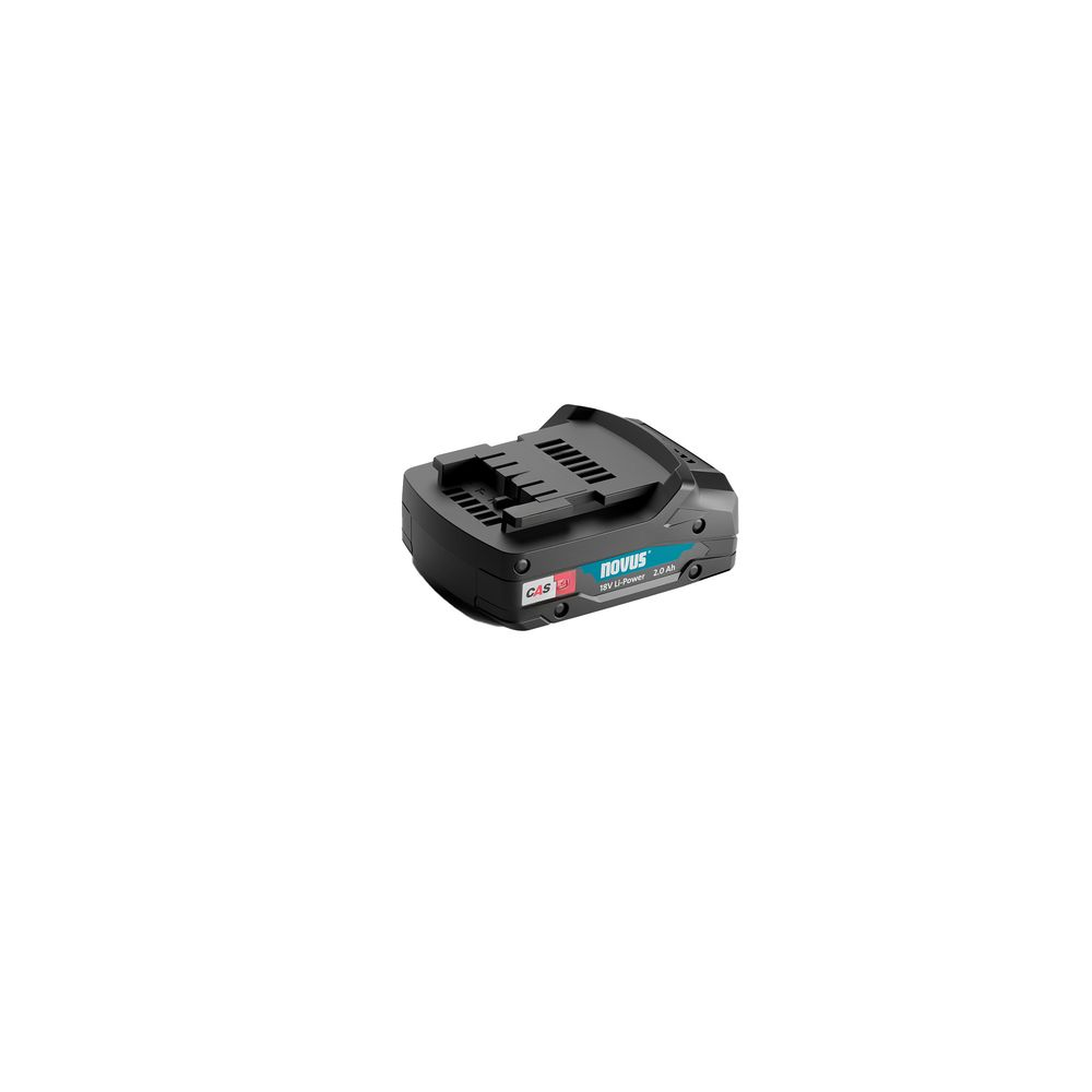 Batteria nera con accenti blu e scritte su sfondo bianco.