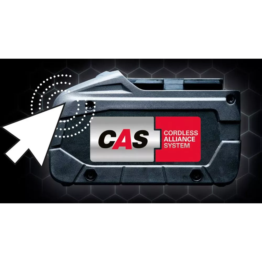 Un'icona di clic punta a una batteria nera con logo CAS.